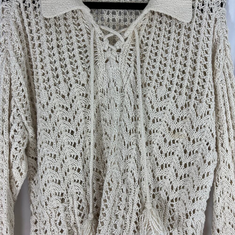 American Eagle Crochet Polo Sweater M Boho Tassel Tie Open Knit Beachy Layer - Picture 3 of 6